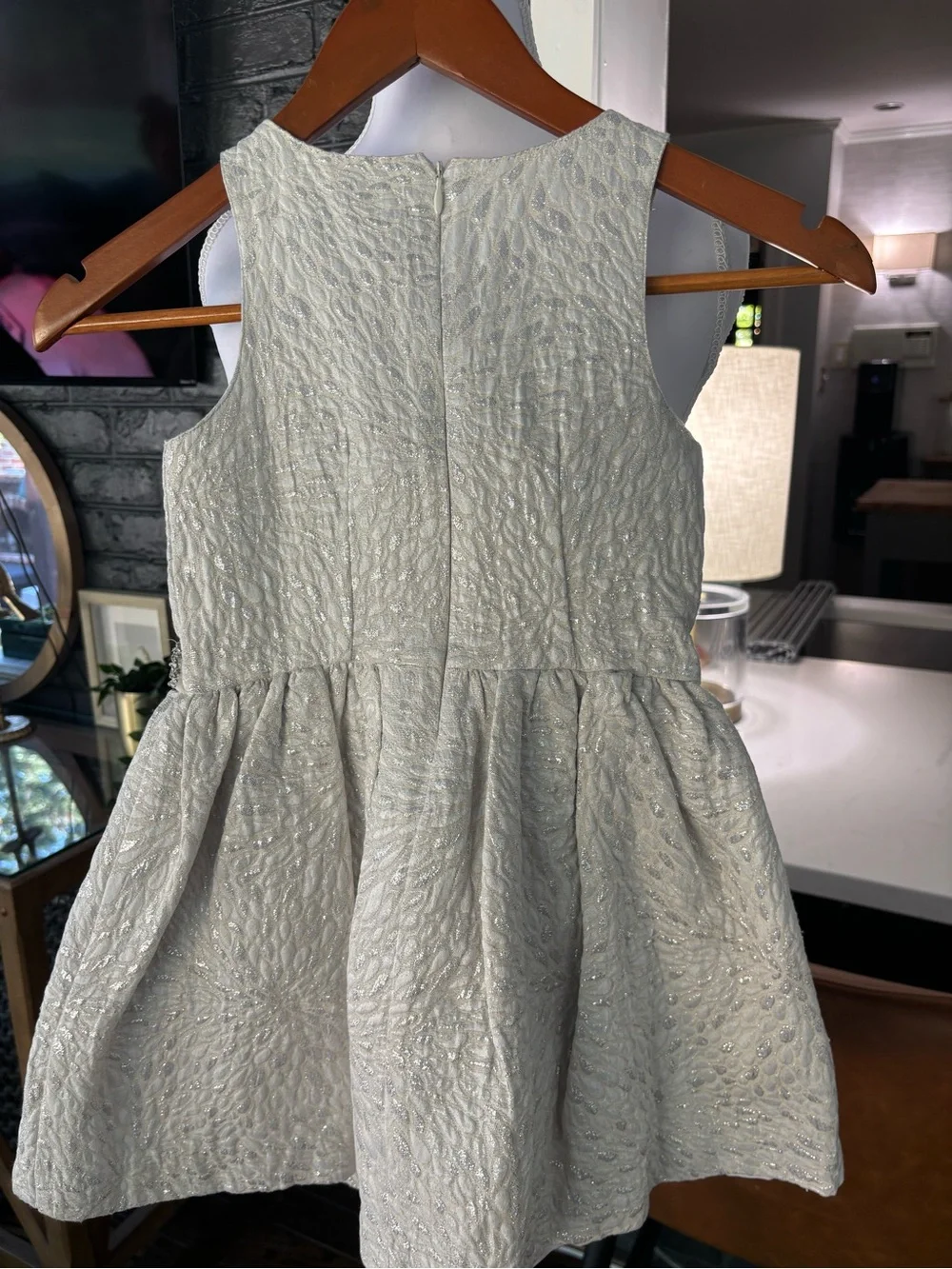 Girls Silver Metallic Floral Embroidered Dress